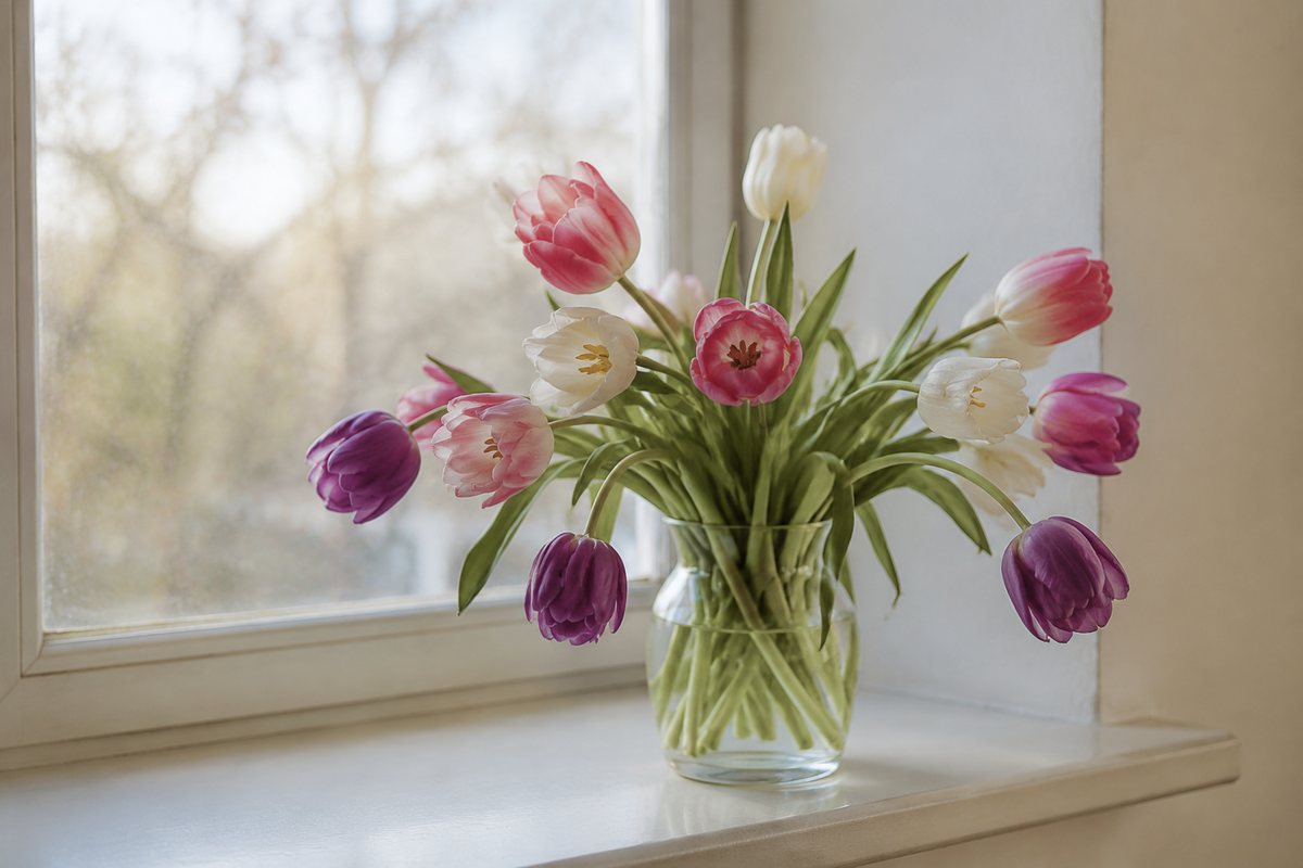 Vaas met licht doorbuigende tulpen op een vensterbank met zacht tegenlicht