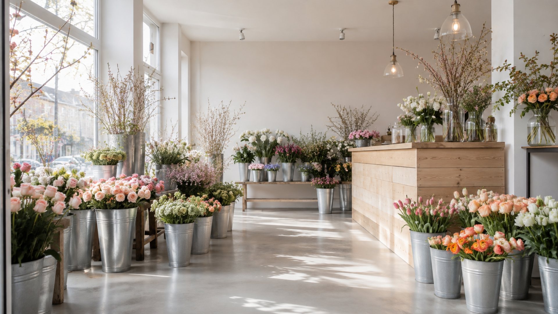 Lichte bloemenwinkel met zinken emmers vol bloemen op de vloer en hoge ramen met daglicht