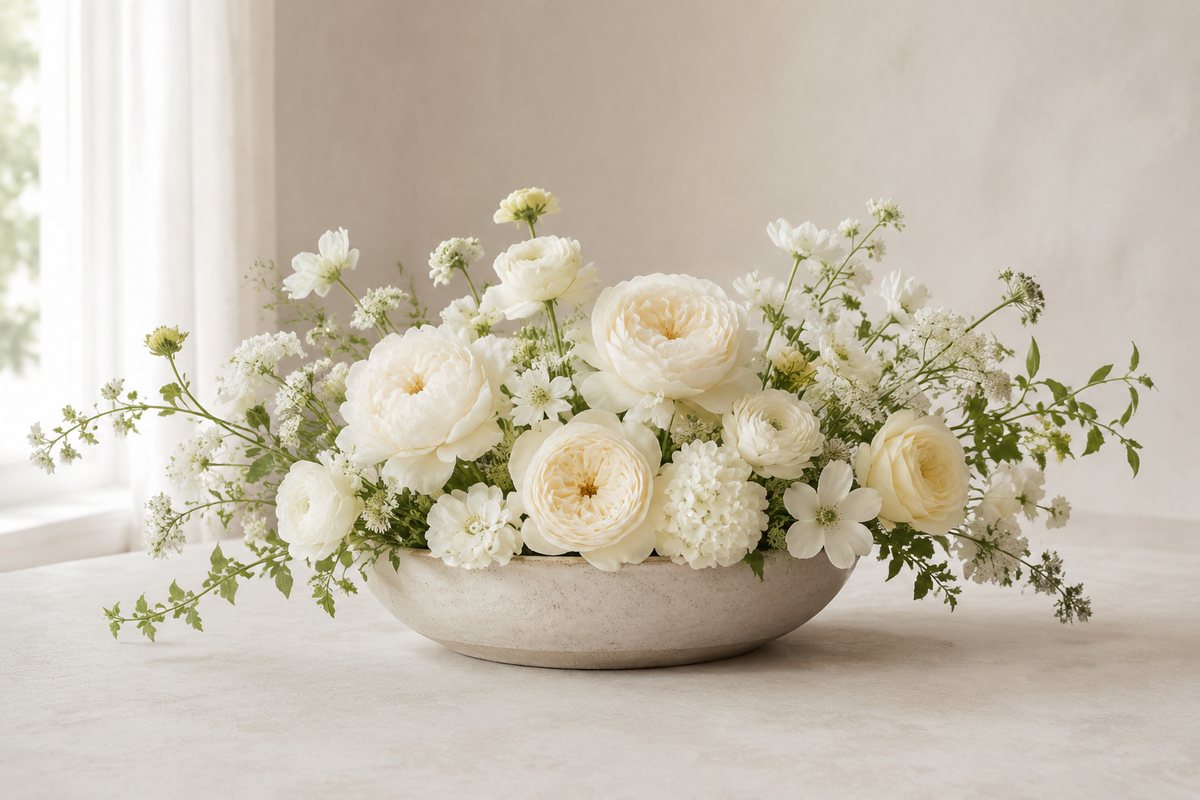 Lage brede schaal met witte en crèmekleurige bloemen op een lichte tafel bij een raam