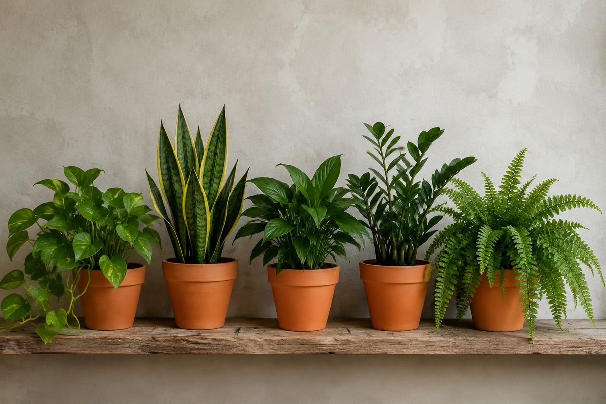 Vijf groene kamerplanten in terracotta potten op een verweerde houten plank